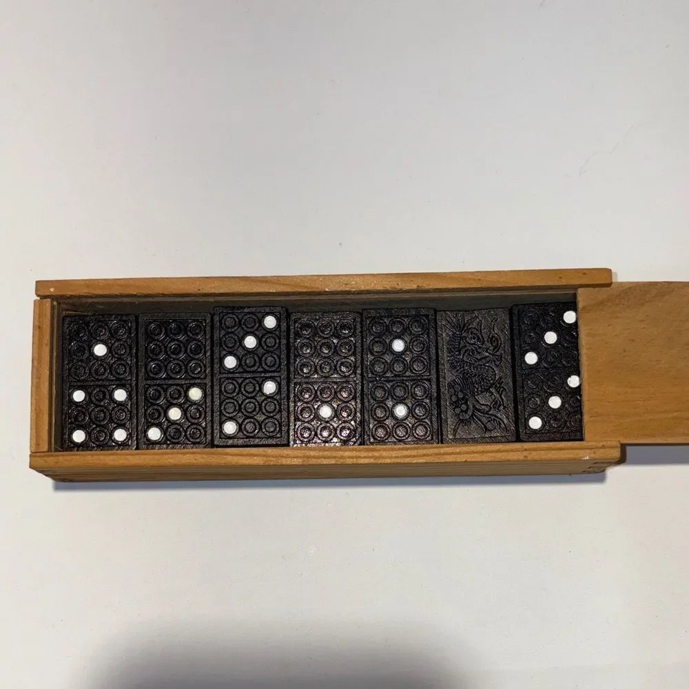Natural Wood dominos Storage Box with small wooden dominos.